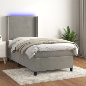 Cama box spring colchón y LED terciopelo gris claro 90x200 cm