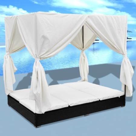 Tumbona con cortinas de ratán sintético negro de vidaXL, Camas para exteriores - Ref: Foro24-42948, Precio: 514,66 €, Descuen...