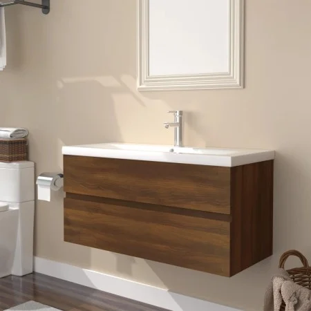 Badezimmerschrank aus braunem Eichensperrholz mit Waschbecken von , Badezimmerwaschtische - Ref: Foro24-3152881, Preis: 228,1...