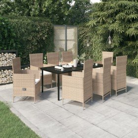 Juego de comedor de jardín 9 piezas con cojines beige