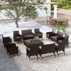 Set muebles de jardín 16 piezas y cojines ratán sintético negro