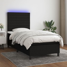 Cama box spring colchón y luces LED tela negro 90x200 cm