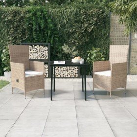 Juego de comedor de jardín 3 piezas con cojines beige