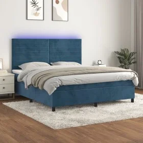 Box spring bed with mattress and LED velvet dark blue 180x200 cm by , Beds and slatted bases - Ref: Foro24-3136201, Price: 60...
