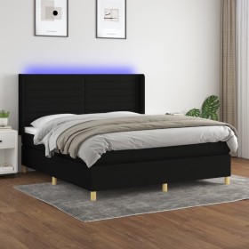 Cama box spring colchón y luces LED tela negro 180x200 cm