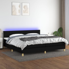 Cama box spring con colchón LED tela negro 200x200 cm