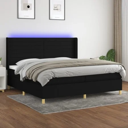Box spring bed mattress and LED lights black fabric 200x200 cm by , Beds and slatted bases - Ref: Foro24-3138983, Price: 655,...