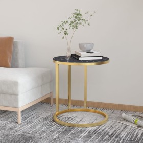 Mesa auxiliar vidrio templado mármol negro y dorado 45 cm