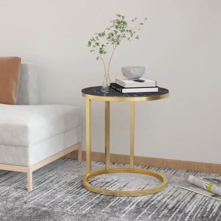 Black and gold marble tempered glass side table 45 cm by , Side tables - Ref: Foro24-331663, Price: 60,03 €, Discount: %