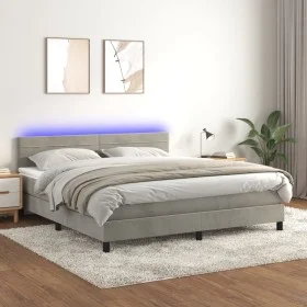 Box spring bed with mattress and LED light gray velvet 180x200 cm by , Beds and slatted bases - Ref: Foro24-3134477, Price: 5...