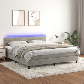 Cama box spring colchón y LED terciopelo gris claro 180x200 cm