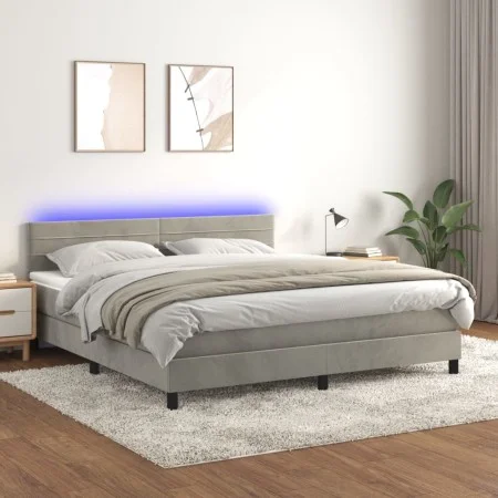 Box spring bed with mattress and LED light gray velvet 180x200 cm by , Beds and slatted bases - Ref: Foro24-3134477, Price: 5...