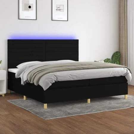 Box spring bed mattress and LED lights black fabric 200x200 cm by , Beds and slatted bases - Ref: Foro24-3135543, Price: 628,...