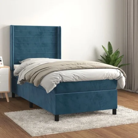 Box spring bed with dark blue velvet mattress 100x200 cm by , Beds and slatted bases - Ref: Foro24-3132727, Price: 343,00 €, ...