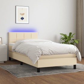 Cama box spring colchón y luces LED tela color crema 90x190 cm