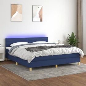 Cama box spring con colchón y LED tela azul 180x200 cm