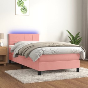 Cama box spring colchón y LED terciopelo rosa 90x200 cm