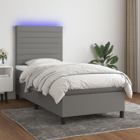 Cama box spring colchón y luces LED tela gris oscuro 90x190 cm