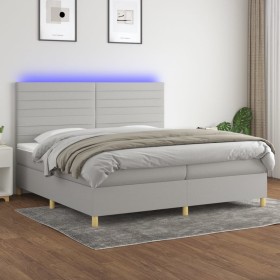 Cama box spring con colchón tela y LED gris claro 200x200 cm