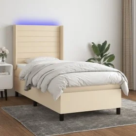 Box spring bed mattress and LED lights cream fabric 100x200 cm by , Beds and slatted bases - Ref: Foro24-3138378, Price: 364,...