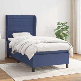 Cama box spring con colchón tela azul 90x200 cm