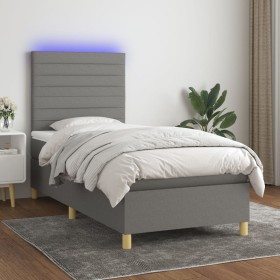 Cama box spring colchón y luces LED tela gris oscuro 100x200 cm