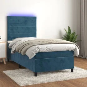 Box spring bed with mattress and LED dark blue velvet 100x200 cm by , Beds and slatted bases - Ref: Foro24-3136171, Price: 33...