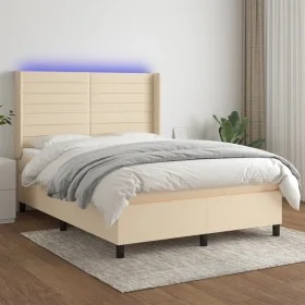 Box spring bed mattress and LED lights cream fabric 140x190 cm by , Beds and slatted bases - Ref: Foro24-3138394, Price: 500,...