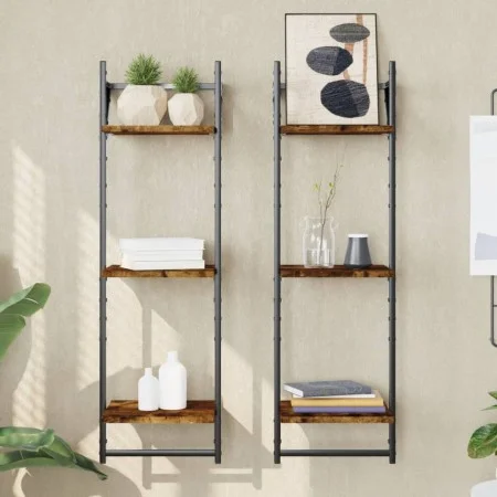 Wall shelves 3 levels bars 2 units smoked oak 30x25x100cm by , Shelves and shelves - Ref: Foro24-836260, Price: 27,42 €, Disc...