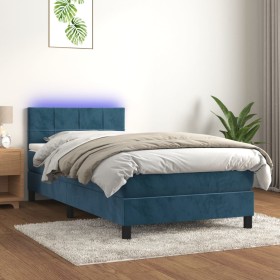 Cama box spring colchón y LED terciopelo azul oscuro 90x200 cm