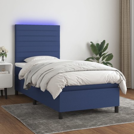 Cama box spring colchón y luces LED tela azul 90x200 cm