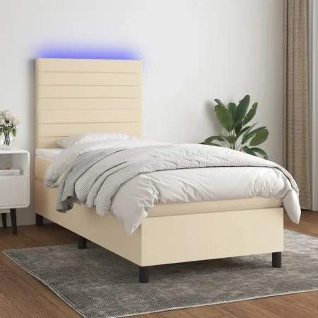 Cama box spring colchón y luces LED tela crema 100x200 cm de , Camas y somieres - Ref: Foro24-3134938, Precio: 346,67 €, Desc...