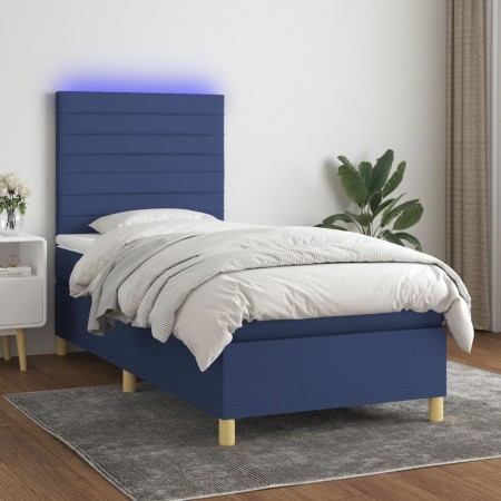 Cama box spring colchón y luces LED tela azul 90x200 cm