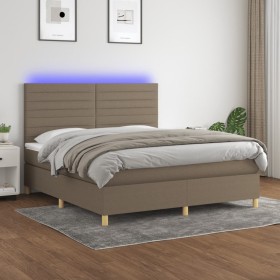 Cama box spring colchón y luces LED tela gris taupe 180x200 cm