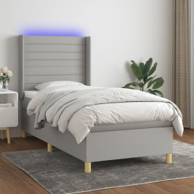 Cama box spring colchón y luces LED tela gris claro 90x200 cm