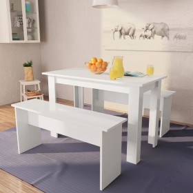 Mesa de comedor y bancos 3 piezas madera contrachapada blanca