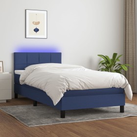 Cama box spring colchón y luces LED tela azul 90x200 cm