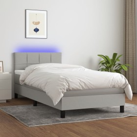 Cama box spring colchón y luces LED tela gris claro 90x200 cm