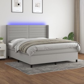 Cama box spring colchón y luces LED tela gris claro 180x200 cm