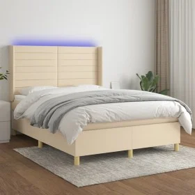 Box spring bed mattress and LED lights cream fabric 140x190 cm by , Beds and slatted bases - Ref: Foro24-3138954, Price: 512,...