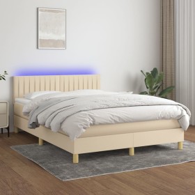 Cama box spring colchón y luces LED tela crema 140x190 cm