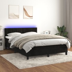 Cama box spring colchón y LED terciopelo negro 140x190 cm