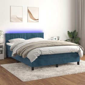Cama box spring colchón y LED terciopelo azul oscuro 140x190 cm