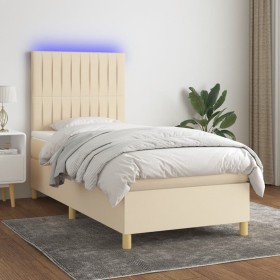 Cama box spring colchón y luces LED tela crema 100x200 cm