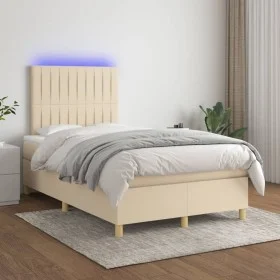 Box spring bed with mattress and LED cream fabric 120x200 cm by , Beds and slatted bases - Ref: Foro24-3135586, Price: 428,38...