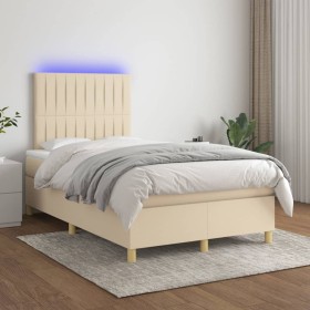 Cama box spring con colchón y LED tela crema 120x200 cm