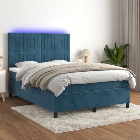 Cama box spring colchón y LED terciopelo azul oscuro 140x190 cm