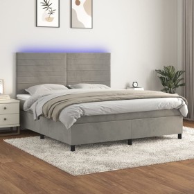 Cama box spring colchón y LED terciopelo gris claro 160x200 cm