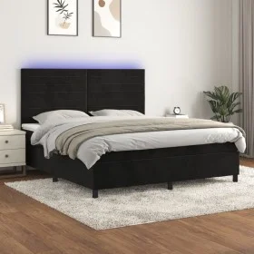 Box spring bed with mattress and LED black velvet 160x200 cm by , Beds and slatted bases - Ref: Foro24-3136193, Price: 540,57...