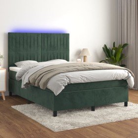 Cama box spring colchón y LED terciopelo verde oscuro 140x200cm